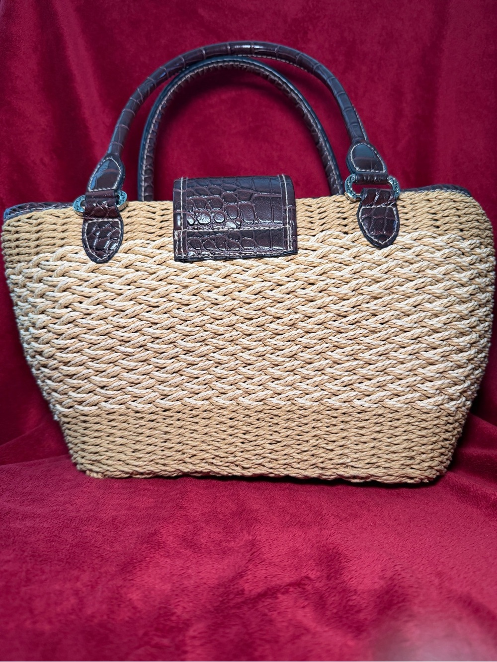 Vintage Boho Beach Woven Straw Tote Croc Trim Paisley Lining Trendy - Picture 2 of 10
